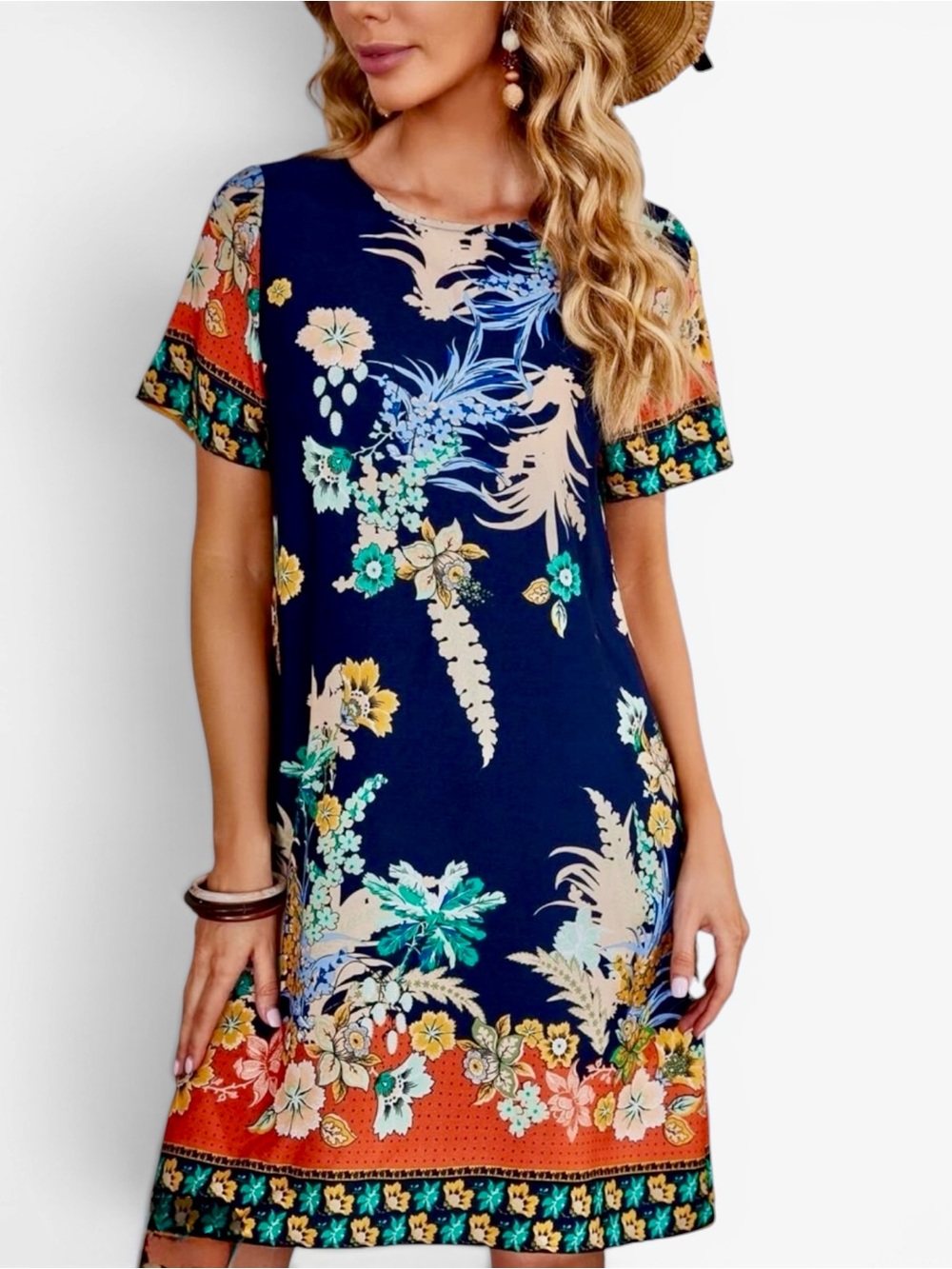 Emery Rose Navy & Floral Short Sleeve Dress - Picture 4 of 12